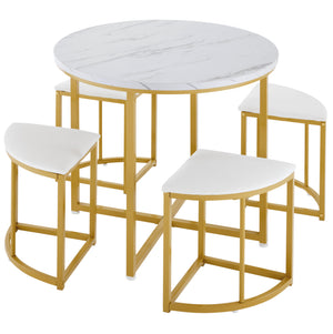 Compacte | Ensemble table ronde blanche 80cm et 4 chaises velours, pieds dorés