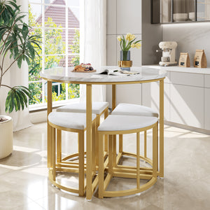 Compacte | Ensemble table ronde blanche 80cm et 4 chaises velours, pieds dorés