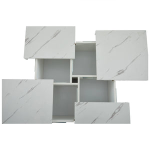 Quatuor | Table basse carrée effet marbre blanc, 4 tiroirs, plateau coulissant, 90x90x25 cm