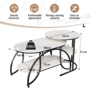Duo Élégance | Table basse effet marbre à étagère, piétement doré