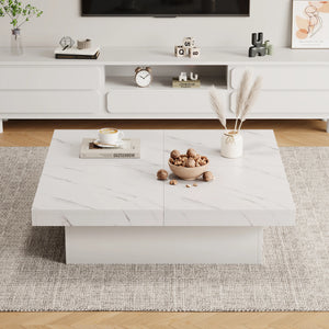 Quatuor | Table basse carrée effet marbre blanc, 4 tiroirs, plateau coulissant, 90x90x25 cm
