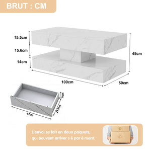 Duplex | Table basse effet marbre à deux niveaux, 2 tiroirs coulissants, 100x50x45 cm