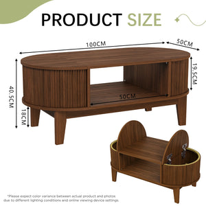Ovale | Table basse en bois ovale avec rangement caché, finition noyer cannelée