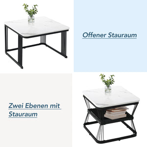 Bianco | Duo de tables basses gigognes effet marbre blanc, piétement acier noir