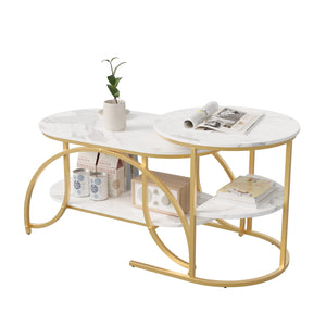 Duo Élégance | Table basse effet marbre à étagère, piétement doré