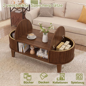 Ovale | Table basse en bois ovale avec rangement caché, finition noyer cannelée