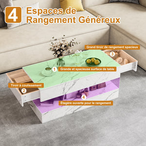 Duplex | Table basse effet marbre à deux niveaux, 2 tiroirs coulissants, 100x50x45 cm