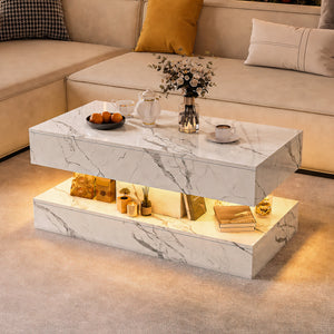 Duplex | Table basse effet marbre à deux niveaux, 2 tiroirs coulissants, 100x50x45 cm