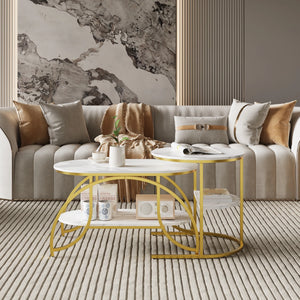 Duo Élégance | Table basse effet marbre à étagère, piétement doré