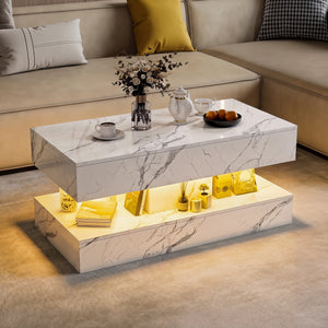 Duplex | Table basse effet marbre à deux niveaux, 2 tiroirs coulissants, 100x50x45 cm