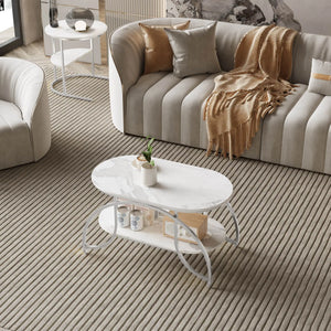 Duo Élégance | Table basse effet marbre à étagère, piétement doré