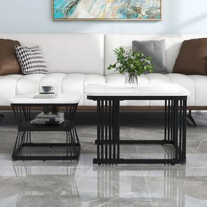 Bianco | Duo de tables basses gigognes effet marbre blanc, piétement acier noir