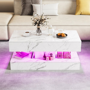 Duplex | Table basse effet marbre à deux niveaux, 2 tiroirs coulissants, 100x50x45 cm