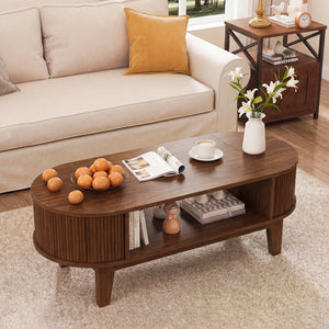 Ovale | Table basse en bois ovale avec rangement caché, finition noyer cannelée