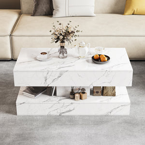 Duplex | Table basse effet marbre à deux niveaux, 2 tiroirs coulissants, 100x50x45 cm