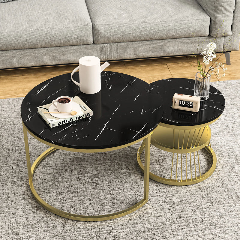 Duo Marbré | Duo de tables gigognes rondes effet marbre, piétement métal