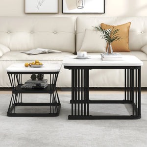 Bianco | Duo de tables basses gigognes effet marbre blanc, piétement acier noir