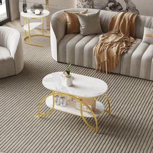 Duo Élégance | Table basse effet marbre à étagère, piétement doré
