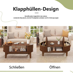Ovale | Table basse en bois ovale avec rangement caché, finition noyer cannelée