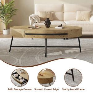 Ellipse | Table basse ovale en bois avec tiroir, pieds croisés en métal