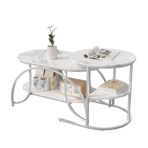 Duo Élégance | Table basse effet marbre à étagère, piétement doré