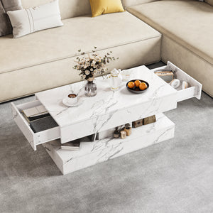 Duplex | Table basse effet marbre à deux niveaux, 2 tiroirs coulissants, 100x50x45 cm