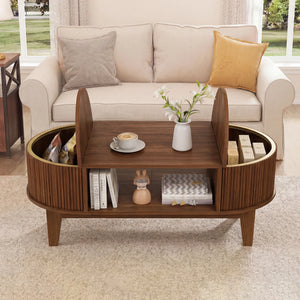 Ovale | Table basse en bois ovale avec rangement caché, finition noyer cannelée
