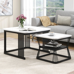 Bianco | Duo de tables basses gigognes effet marbre blanc, piétement acier noir