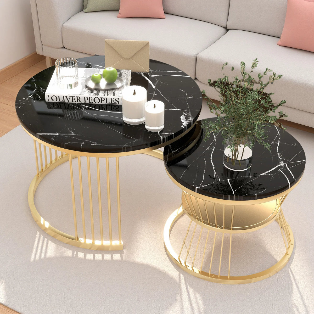 Duo Ébène | Duo de tables gigognes rondes effet marbre, piétement métal noir