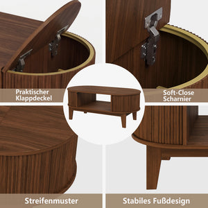 Ovale | Table basse en bois ovale avec rangement caché, finition noyer cannelée
