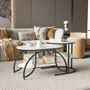 Duo Élégance | Table basse effet marbre à étagère, piétement doré
