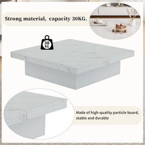 Quatuor | Table basse carrée effet marbre blanc, 4 tiroirs, plateau coulissant, 90x90x25 cm