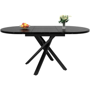 Vénitienne | Table de salle à manger ronde extensible, plateau effet marbre, piétement acier noir en X