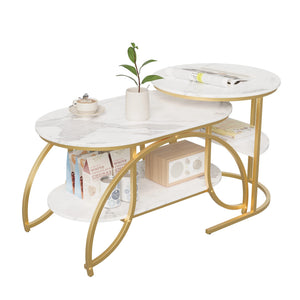 Duo Élégance | Table basse effet marbre à étagère, piétement doré