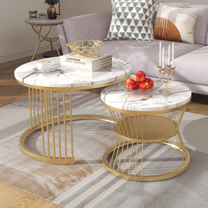 Duo Ébène | Duo de tables gigognes rondes effet marbre, piétement métal noir