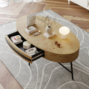Ellipse | Table basse ovale en bois avec tiroir, pieds croisés en métal