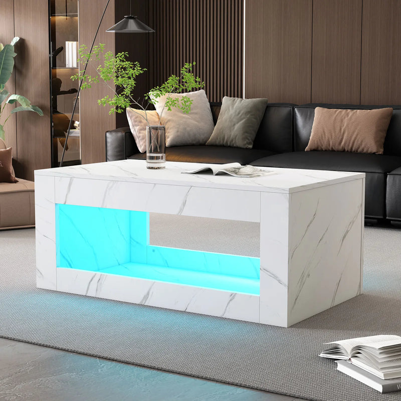 Éclat | Table basse effet marbre blanc avec bande LED USB, 100x50x50 cm
