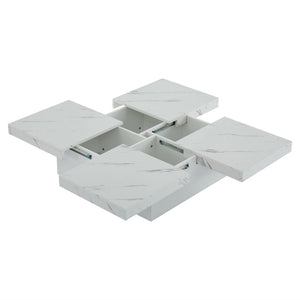 Quatuor | Table basse carrée effet marbre blanc, 4 tiroirs, plateau coulissant, 90x90x25 cm