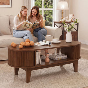Ovale | Table basse en bois ovale avec rangement caché, finition noyer cannelée