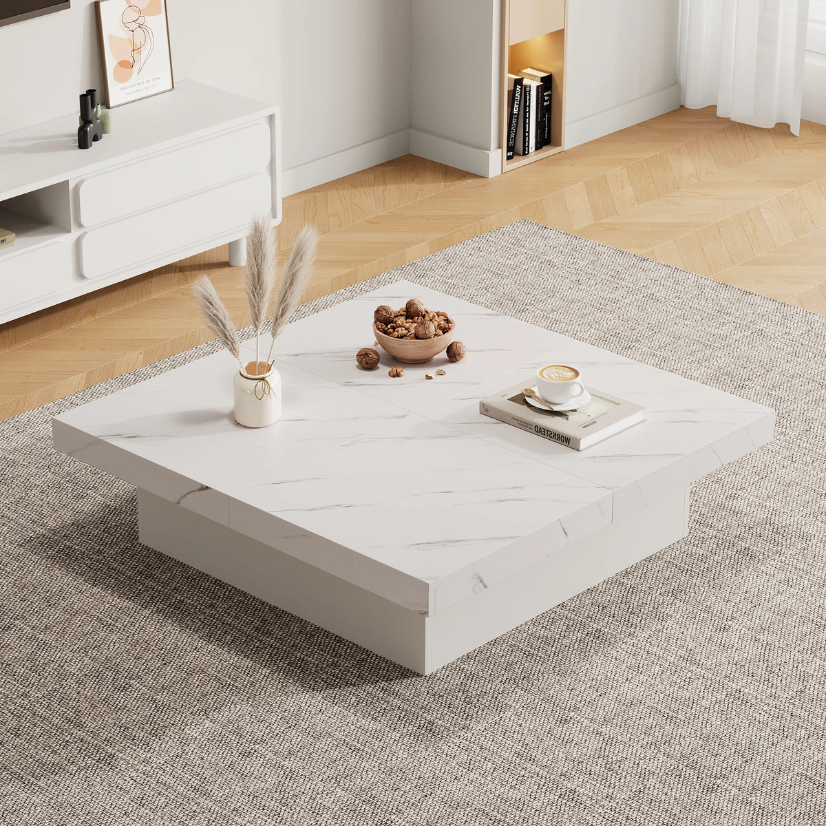 Quatuor | Table basse carrée effet marbre blanc, 4 tiroirs, plateau coulissant, 90x90x25 cm