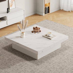 Quatuor | Table basse carrée effet marbre blanc, 4 tiroirs, plateau coulissant, 90x90x25 cm