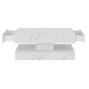 Duplex | Table basse effet marbre à deux niveaux, 2 tiroirs coulissants, 100x50x45 cm