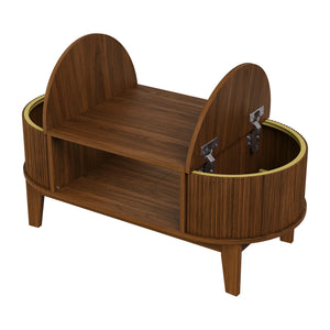 Ovale | Table basse en bois ovale avec rangement caché, finition noyer cannelée