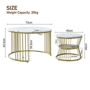 Duo Ébène | Duo de tables gigognes rondes effet marbre, piétement métal noir