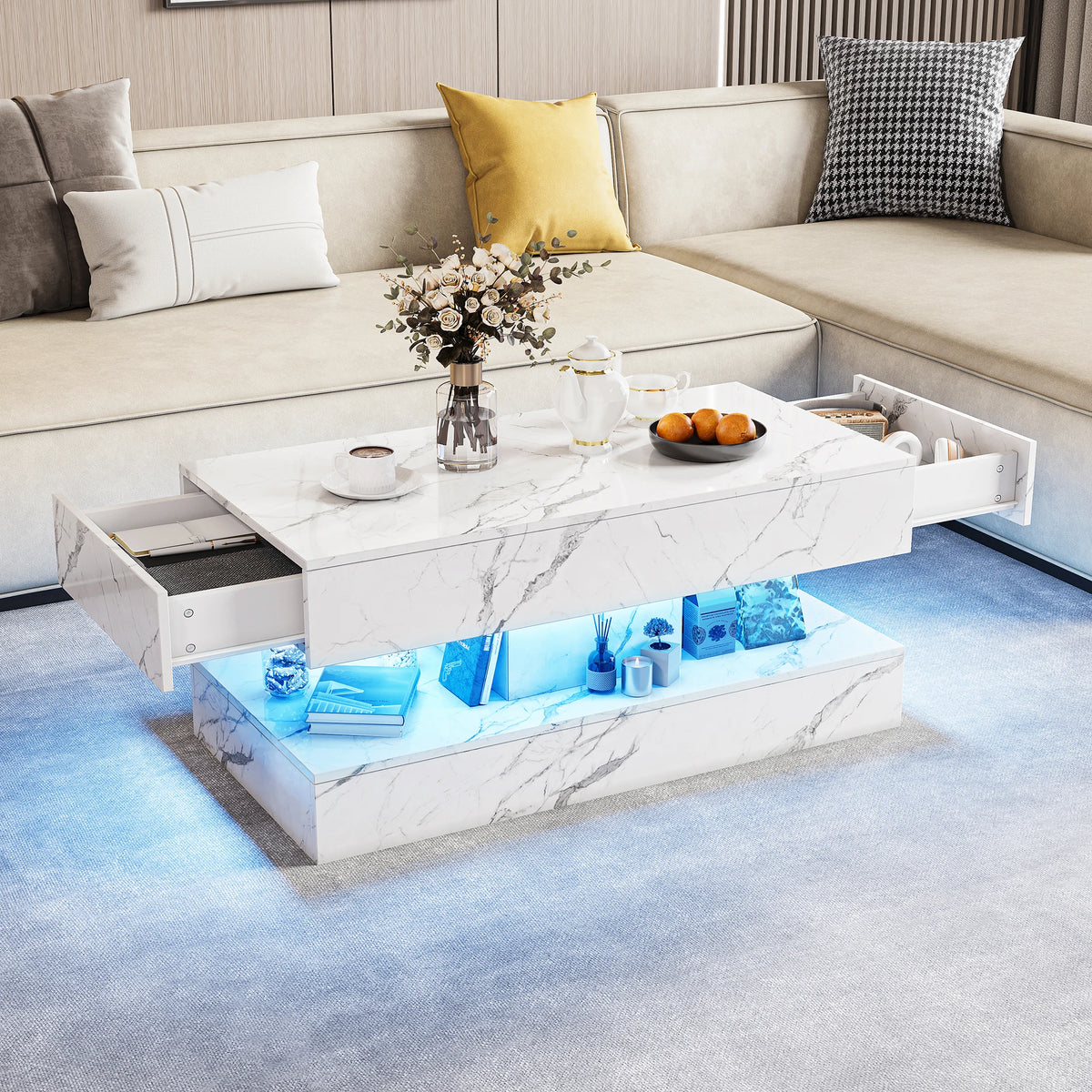 Duplex | Table basse effet marbre à deux niveaux, 2 tiroirs coulissants, 100x50x45 cm