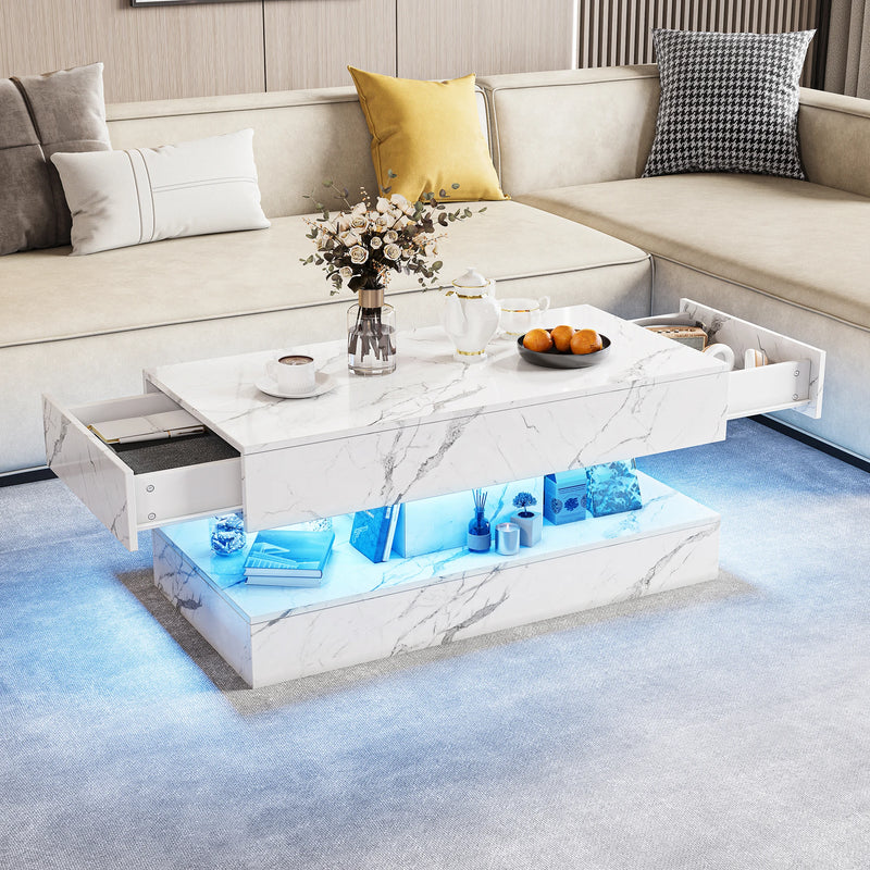 Duplex | Table basse effet marbre à deux niveaux, 2 tiroirs coulissants, 100x50x45 cm