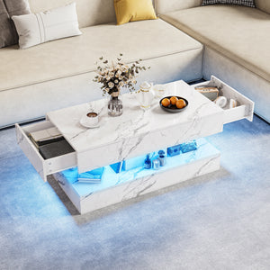 Duplex | Table basse effet marbre à deux niveaux, 2 tiroirs coulissants, 100x50x45 cm