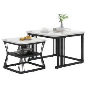 Bianco | Duo de tables basses gigognes effet marbre blanc, piétement acier noir