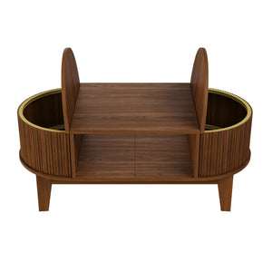 Ovale | Table basse en bois ovale avec rangement caché, finition noyer cannelée