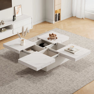 Quatuor | Table basse carrée effet marbre blanc, 4 tiroirs, plateau coulissant, 90x90x25 cm